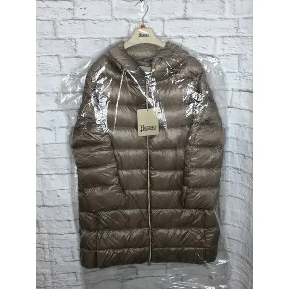 Authentic Women's HERNO Quilted Down Filled Puffer Jacket Long Size 42 Taupe - Picture 2 of 12
